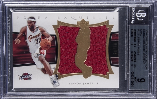 2004-05 UD "Exquisite Collection" Extra Exquisite Jersey Dual #LJ2 LeBron James Dual Jersey Card (#10/10) - BGS MINT 9